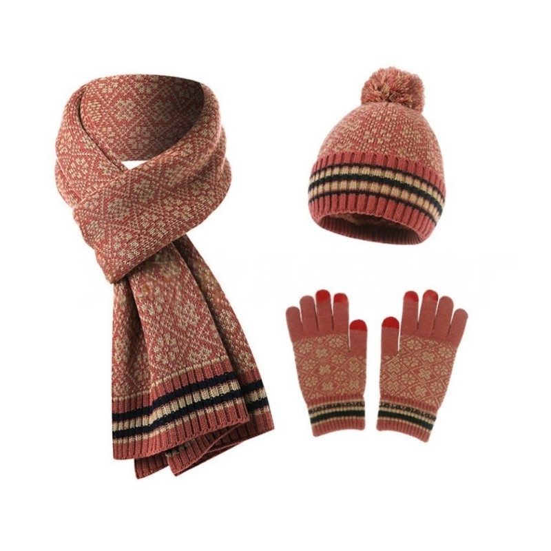 Fleeced Warm Knitted Jacquard Hat Scarf Glove 3 Piecs Sets For Women